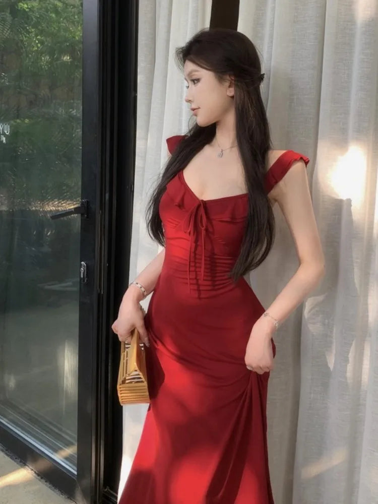 Bxoxo Women's Korean Elegant Ruffles V-neck Lace-up A-Line Dress Sexy Backless Slim Waist Flying Sleeves Dresses Basics Office Lady