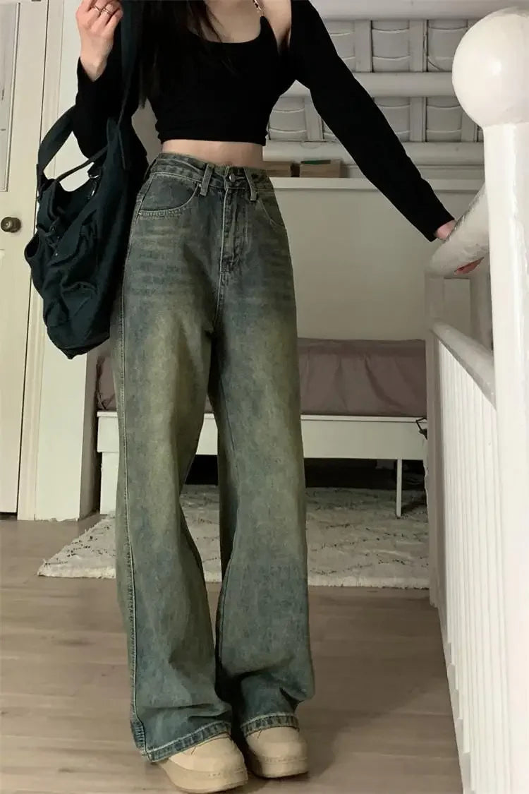 Bxoxo Vintage High-waisted Slimming Jeans American Style Casual Bell Bottoms Versatile Straight-leg Long Pants For Women