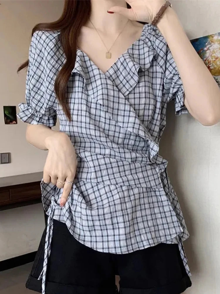 Bxoxo Ruffles Vintage Plaid Blouse Women Causal Sweet Slim Short Sleeve Shirt Korean Retro Female Lace Up Elegant Design Tops New