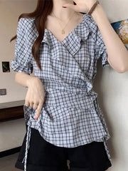 Bxoxo Ruffles Vintage Plaid Blouse Women Causal Sweet Slim Short Sleeve Shirt Korean Retro Female Lace Up Elegant Design Tops New