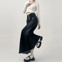 BXOXO High-waisted Cargo Denim Skirt Women's Autumn Long A-line Mid-length Skirt  Retro Raw Edge Y2k Female Clothing Korean Style