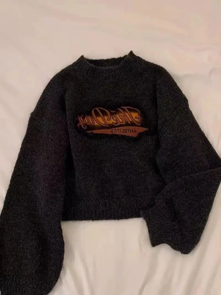 Bxoxo Y2K Vintage Knitted Crop Sweater Women Autumn Winter Thick Warm Female Pullovers Harajuku Loose Streetwear All Match Jumpers