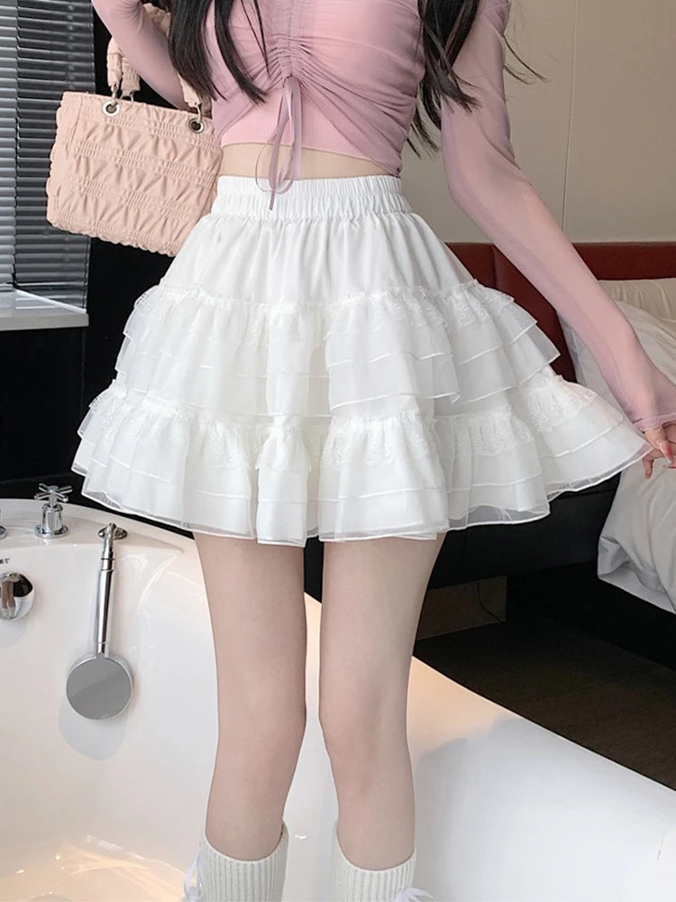 BXOXO White Lace Mesh Mini Skirt Women Korean Sweet High Waisted Chic Short Skirt Female Summer Fashion Casual A Line Skirt Ladies