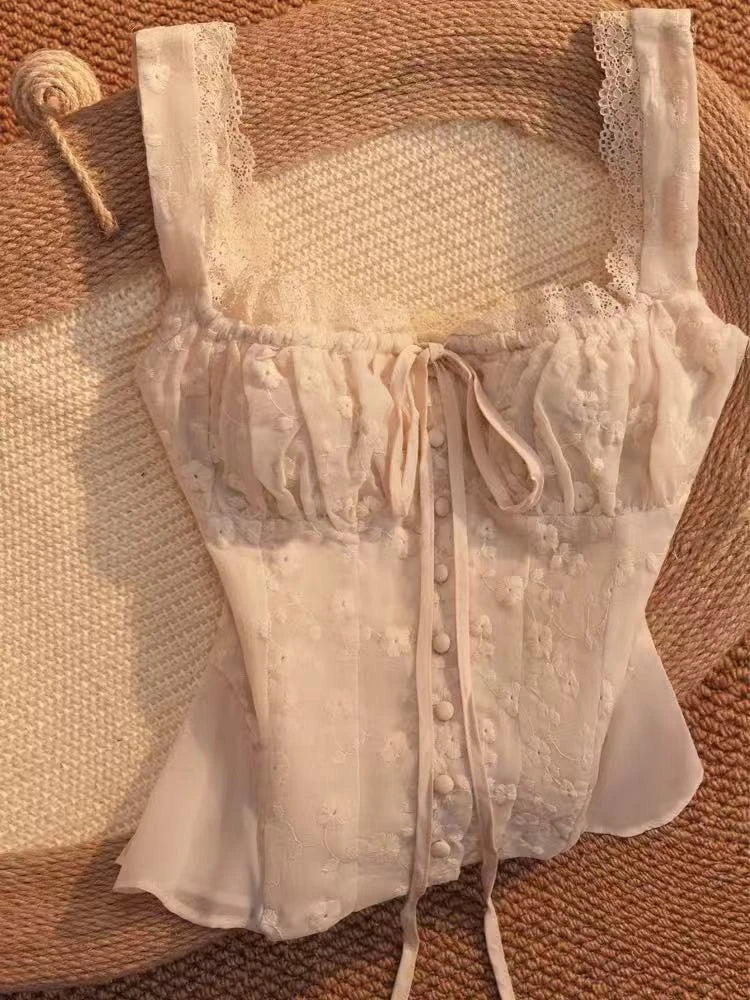 BXOXO Korean Fashion Lace Up Sweet Blouse Women Sleeveless Square Neck Slim Fit Chic Tops New Elegant Casual Y2K Harajuku Clothes 2025