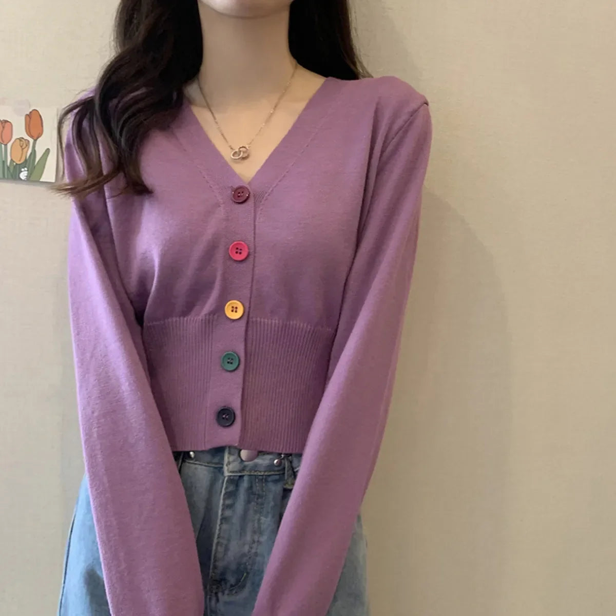 Bxoxo Autumn and Winter Little Fresh Colorful Buttons Younger Slim-Fit Slimming V-Collar Cardigan Long-Sleeved Sweater Top for Women
