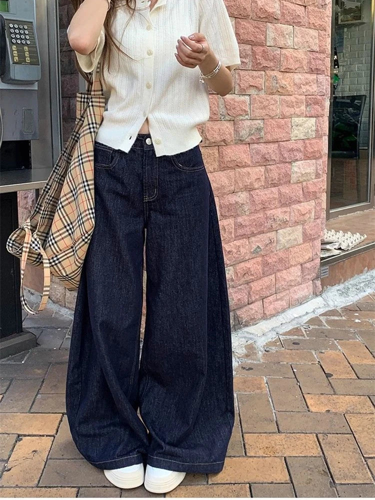 Bxoxo Women's Deep Blue Loose Wide Leg Jeans Street Cool Girl High Waist Baggy Pants Female Casual Straight Denim Trousers