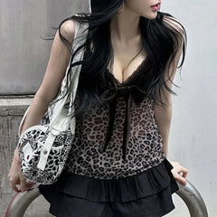 BXOXO Leopard Mesh Crop Top y2k Bow Velvet Patchwork See Through Mini Vest Grunge Korean Vintage Camisole Lace Frill Tanks