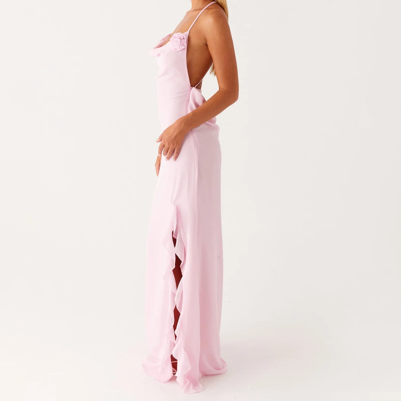 BXOXO Women Summer Sleeveless Dress 3D Flower Backless Split Ruffle Party Dress for Vacation Cocktail Beach Streetwear