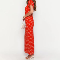 BXOXO Women Summer Slim Long Dress Fashion Red Short Sleeve Deep V Neck Dot Print Party Dresses Holiday Beachwear