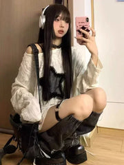 BXOXO Grunge Hole T-shirt Women Fashion Star Print Y2k Aesthetic Loose Tees Kpop Fairycore Ripped Tshirt Harajuku Gothic Streetwear