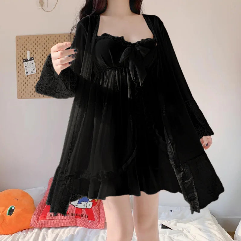 Bxoxo Elegant Sweet Simple Solid White Women Robe Gown Sets Chic Lace Bow Mesh  Sleepwear Breathable Slim Nightdress