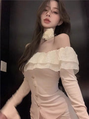 Bxoxo Women Clothing Sweet Slim Fit Flare Sleeves Top Off Shoulder Lotus Leaf Edge Black Knit T-shirt Crop  Ropa De Mujer Graphic