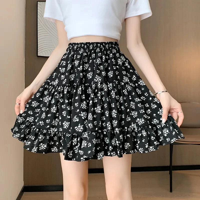 Bxoxo Sweet Floral Skirts for Women Summer Elastic High Waist All Match Mini Skirts Y2K Korean Kawaii Preppy A Line Skirts Female