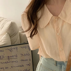 Bxoxo Chic Summer Versatile Simple Doll Collar Bubble Sve Single Button Loose ort Sve irt Women's Faion Casual Polyeste...