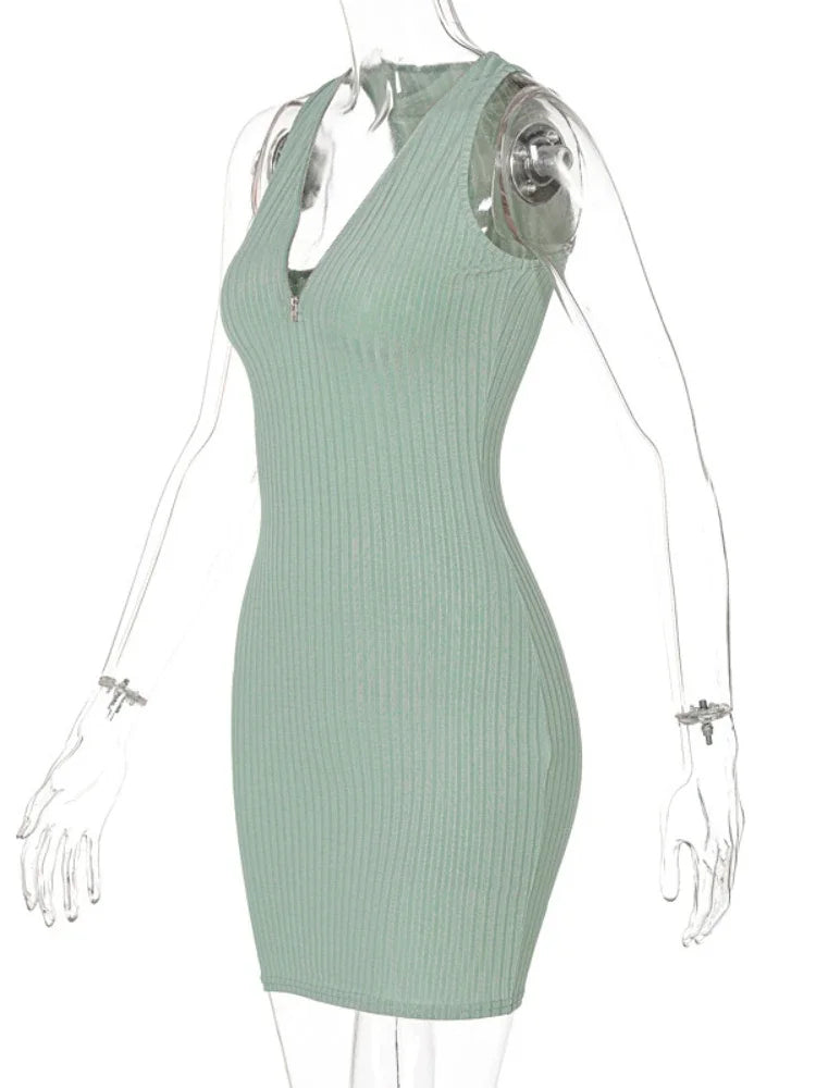 BXOXO Sexy Zipper Deep V Neck Rib Knitting Bodycon Dress Women Sleeveless Solid Color Skinny Mini Dress Elegant Club Party Vestidos
