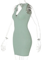 BXOXO Sexy Zipper Deep V Neck Rib Knitting Bodycon Dress Women Sleeveless Solid Color Skinny Mini Dress Elegant Club Party Vestidos