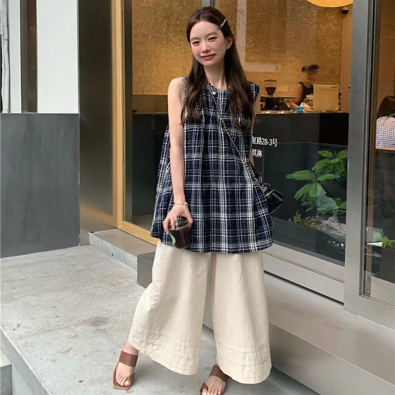 Bxoxo Japanese Sweet Plaid Shirt Women Summer Chic Patchwork Sleeveless Blouse Female New Loose Streetwear All Match O Neck Tops