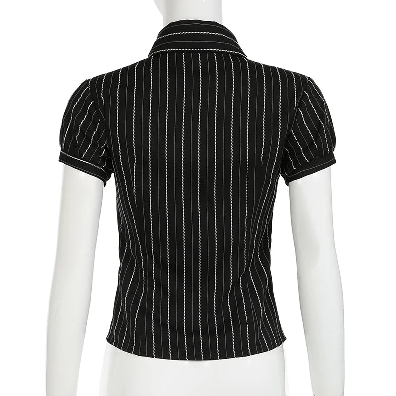 Bxoxo Y2k Aesthetics Pleated Shirt Fairycore Lace Up Blouse Trashy 2000s Style V-neck Shirt Irregular Japanese Harajuku 90sFashion Chic Stripe Slim Summer Blouse Women Tops Short Sleeve Buttons-Up Shirt Cardigan Y2K Aesthetic