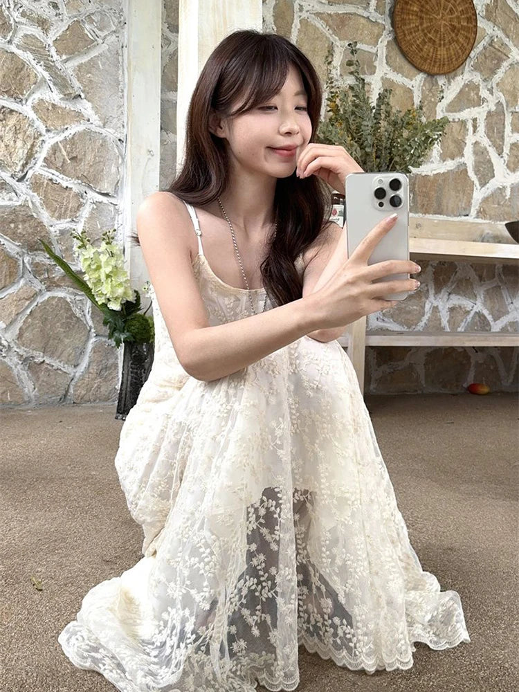 Bxoxo Vintage Embroidered Women Camis Dress Korean Chic Spaghetti Straps Midi Dress Y2K Ladies Elegant Beach Party A Line Dress
