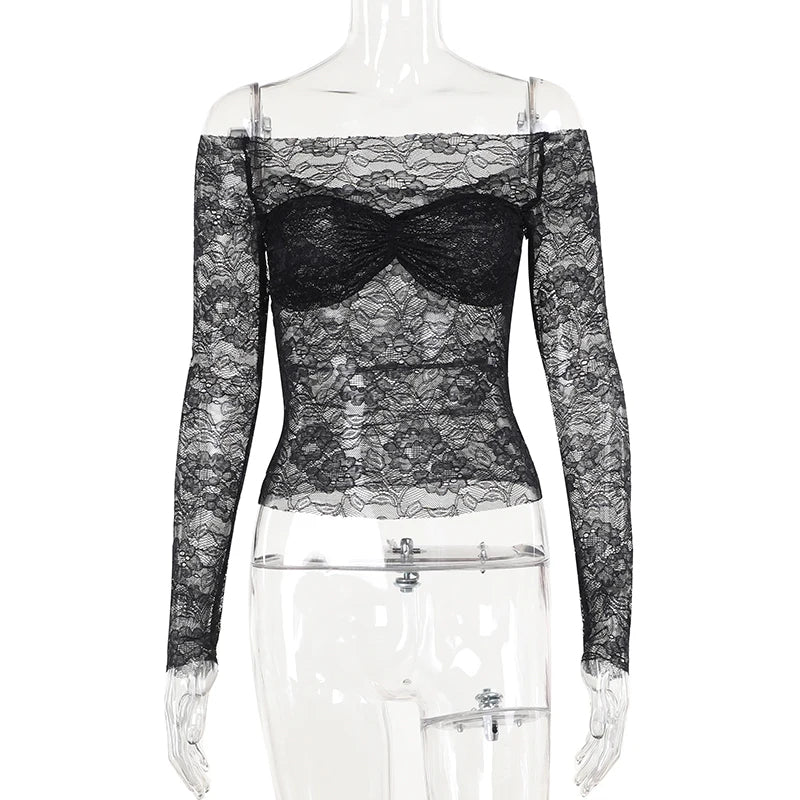 BXOXO Floral Lace Sheer Off-Shoulder Crop Tops Women Trendy Ruched Sheer Long Sleeves T-shirts Fall Blouses Tees Streetwear