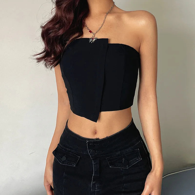 Bxoxo Y2K Sexy Irregular Strapless Tank Top Women Backless Sleeveless Zipper Tube Tops Gothic Summer Off Shoulder Lady Vest