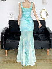 BXOXO Fashion Elegant Butterfly Print Skinny Sheer Trim Trumpet Sleeveless Summer New Mint Manbo Dresses