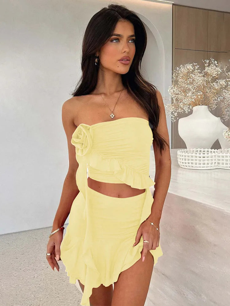 BXOXO Sexy Women Dress Sets Rose Strapless Crop Tops And Mini Skirt Sets Female Elegant Ruffled Club Party Two Piece Sets