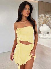 BXOXO Sexy Women Dress Sets Rose Strapless Crop Tops And Mini Skirt Sets Female Elegant Ruffled Club Party Two Piece Sets