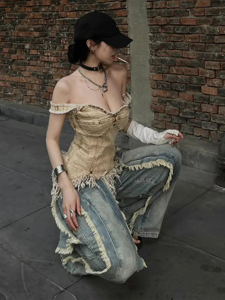 BXOXO Women's Washed Y2K Baggy Japanese 2000s Denim Trouser Vintage Casual Tassels Pants Female Street Trashy Retro High Waist Jeans