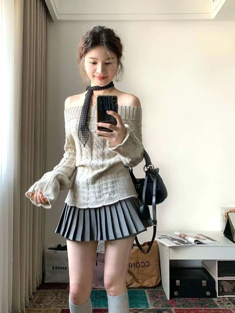 BXOXO Korean Style Sexy Off Shoulder Sweater Women Sweet Elegant Long Sleeve Knitted Pullover Cute Fashion Slim Up Sweaters