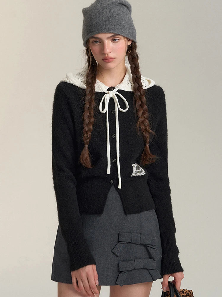Bxoxo Vintage Streetwear Hooded Cardigan Women Long Sleeve Hollow Out Patchwork Knitted Sweaters American Retro Lace Up Lace Tops