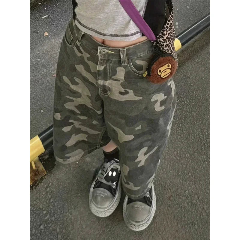 BXOXO Womens Short Summer Camouflage High Waist Jeans Y2K Straight Calf-Length Pants Trousers Streetwear Vintage Wide Leg Denim Shorts