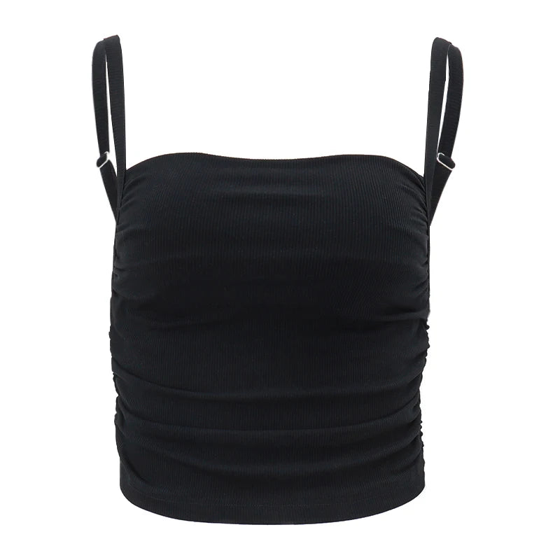 Bxoxo Spaghetti Straps Ruched Tank Top Casual All-matching Low-cut Backless Crop Tops Simple Underwear Bodycon Corsets
