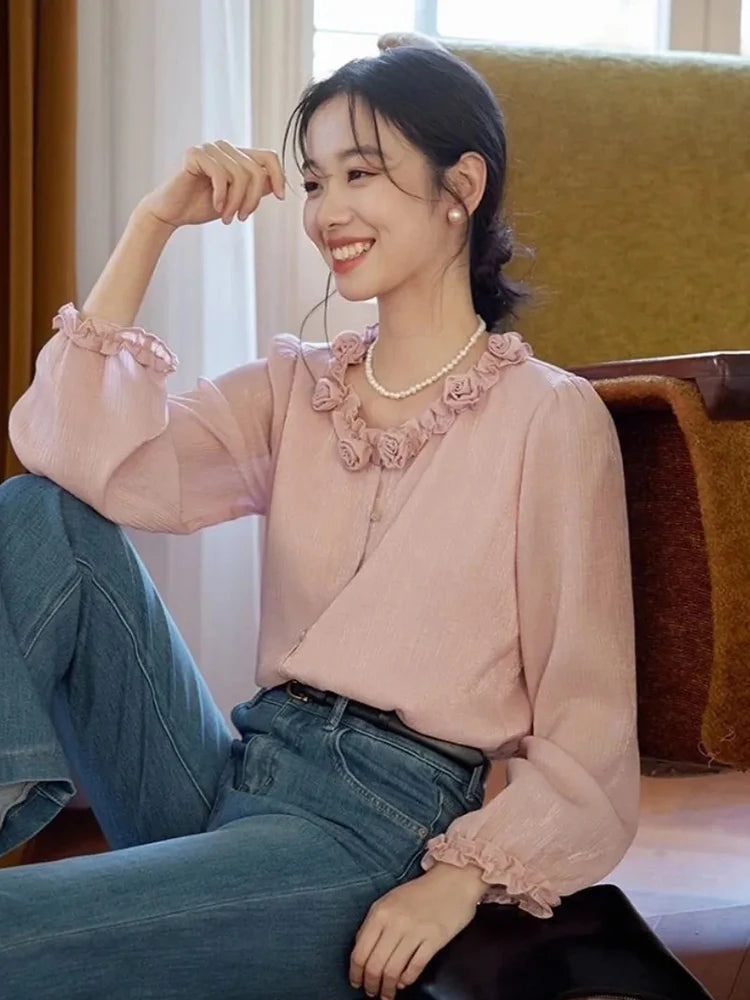 Bxoxo Elegant 3D Floral Blouse Women Vintage Sweet O Neck Long Sleeve Shirt Fall French Retro Casual Female Ruffles All Match Pink Top