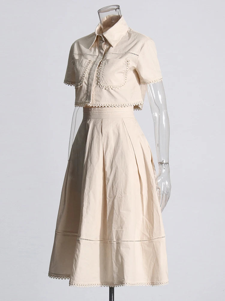 Bxoxo Elegant Two Piece Sets For Women Lapel Short Sleeve Tops High Waist A Line Pleated Skirts Solid Set Female Summer 2023