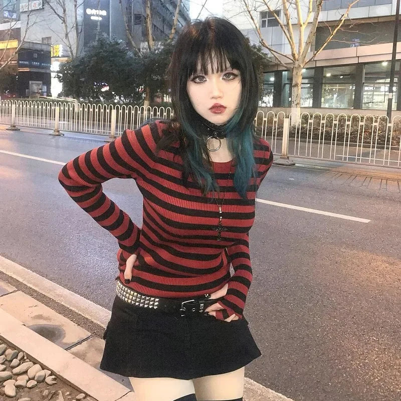 BXOXO Red Striped Pullovers Gothic Y2k Clothes Emo Girls Long Sleeve Asymmetrical Harajuku Slim Kawaii Retro Pull Femme Sweaters Chic
