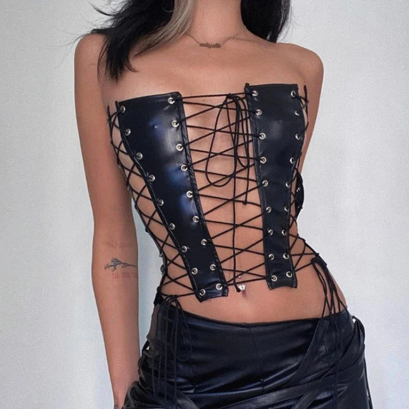 Bxoxo Sexy Gothic Women PU Leather Corsets Bustiers Lace-up Bandage Crown Girdle Slim Waist Back Zipper Strap Corset Tops Curve Shaper