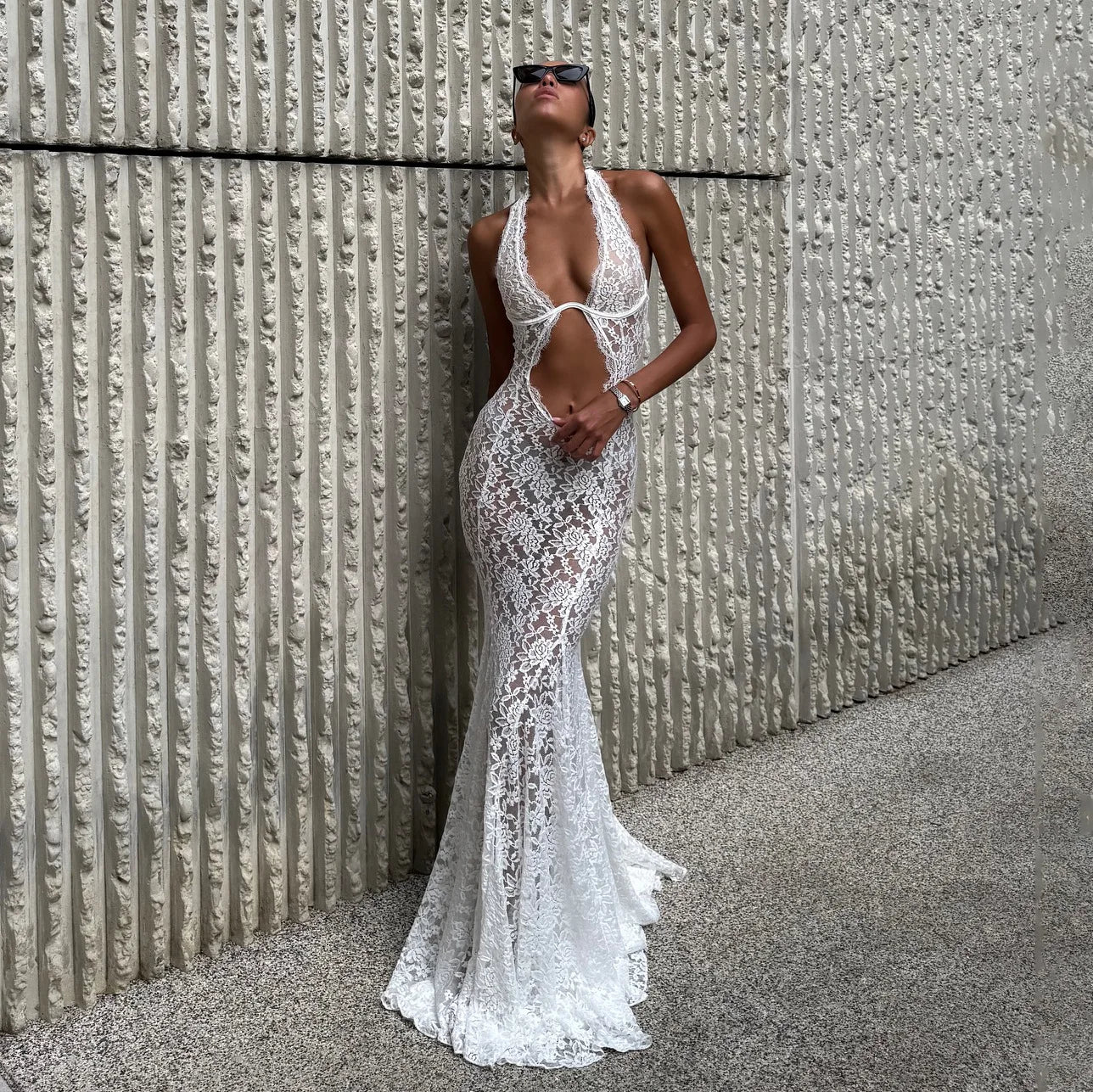 BXOXO Sexy Women's Lace Halter Dress Stylish Solid Mesh Lace Floral See Through Slim Fit Long Bodycon Fishtail Wedding Dress