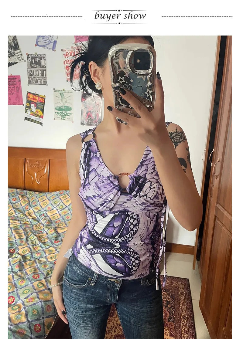 Bxoxo Japanese Y2k Purple Camisole Trashy 2000s V-neck Tank Top Grunge Aesthetics Backless Crop Top Vintage Harajuku Camis Top