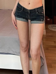 Bxoxo Summer New Women Korean Denim Shorts Pants Lady Low Waist Elastic Slim Fit Hot Pants Female Sexy Deep Blue Hip Wrapping Jeans