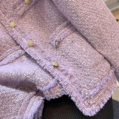 Bxoxo Purple Tweed Jacket Women Vintage O-Neck Metal Single Breasted Cropped Coat Autumn Winter Korean Style Elegant Jackets for Women