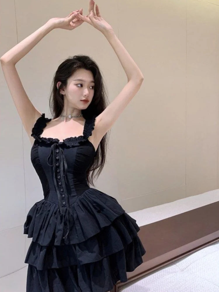 BXOXO Gothic Goth Harajuku Sexy Slip Dress Ruffles Y2k Streetwear Dark Punk Cake Dresses Party Korean Fashion 2023 Summer