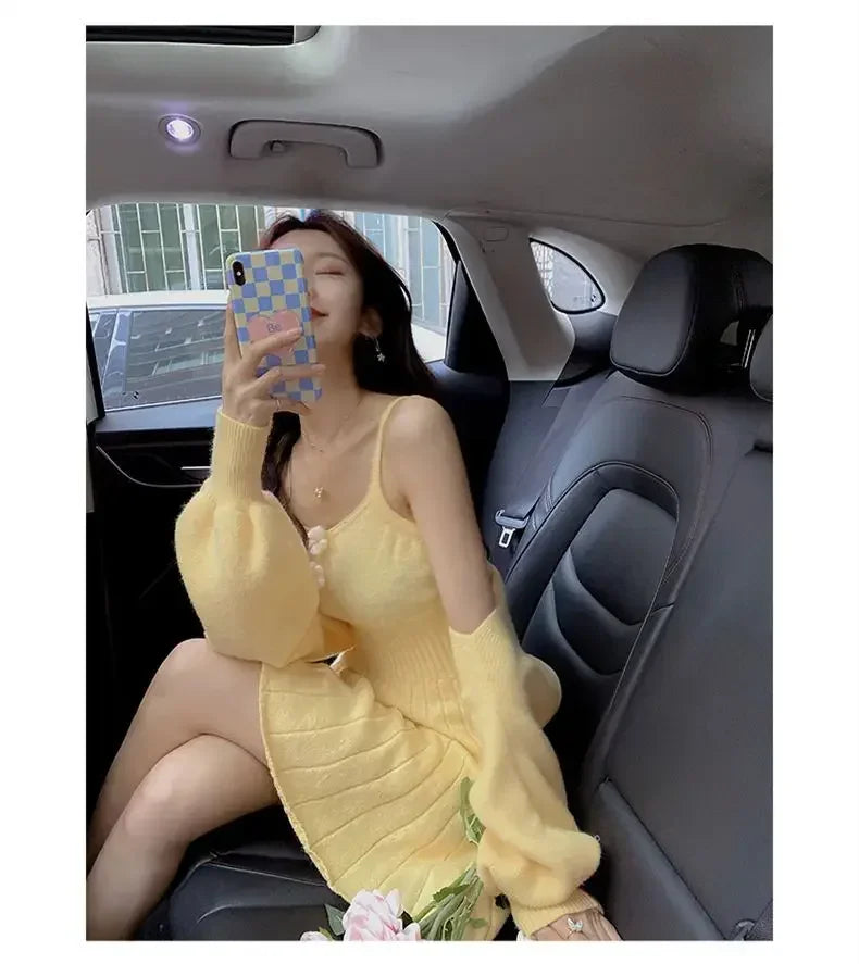 Bxoxo  Korean Autumn Winter Sweet Knitted Two Piece Dress Set Women Strap +Casual Coat Dress Set Style Solid Dress Suit