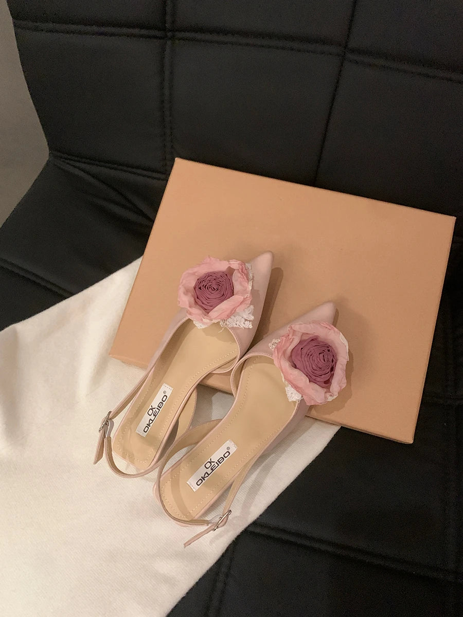 BXOXO New Flower Designer Sandals Women Elegant Satin Mule Shoes Summer Pointed Toe Pumps Low Heel Flowers Slingback Sandals Female
