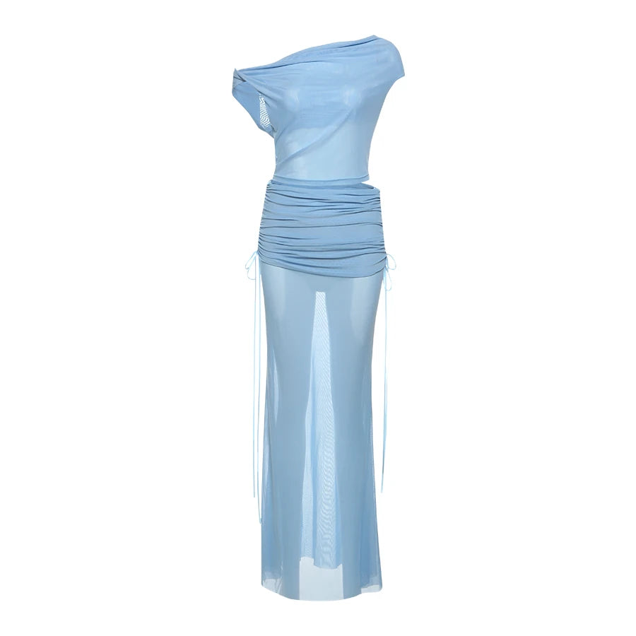 BXOXO Elegant Mesh See Through 2 Piece Set Women Skew Collar Backless Crop Tops+Ruched Ribbon Long Skirts Vacation Outfits