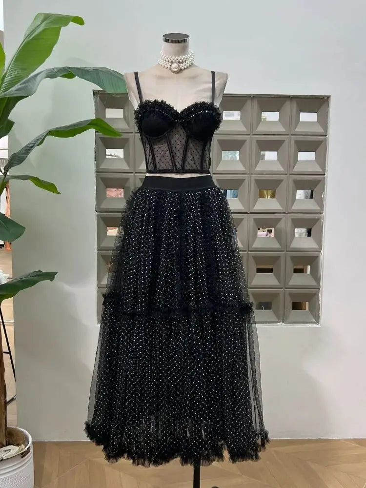 BXOXO Summer Polka Dot Tight Top Mesh Women's Elegant Underwear Y2K Fashion Sexy Set Party Evening Dresses Two Piece Set Long Skirt