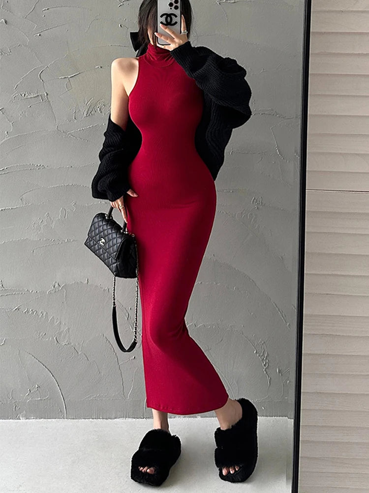 BXOXO Red Skinny Sexy Turtleneck Midi Dress Women Evening Party Ladies Elastic Hip Wrap Elegant Bodycon Dresses Y2k Clothing