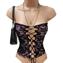 BXOXO y2k Fairy Coquette Backless Bandeau Vest Floral Lace Mesh Boob Tube Tops Frint Tie Up Hollow Out Chest Chest Crop Top Club Party