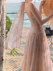 Bxoxo Women's French Floral Print Halther Dresses Summer Elegant V-Neck Slim Lace-up Midi Dress Sexy Beach Holiday 2025 New Fashion