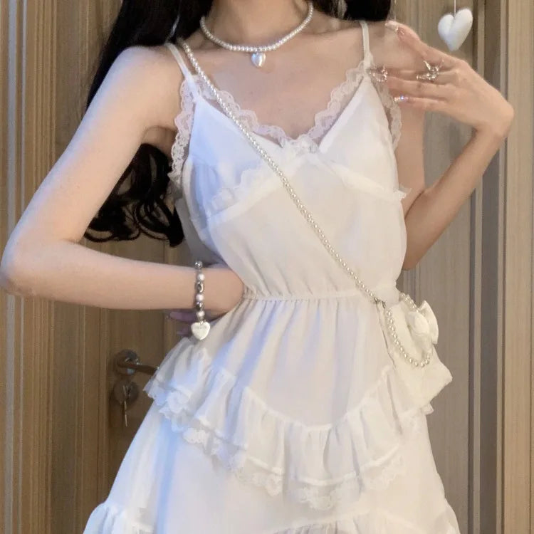 BXOXO Irregular Lace Patchwork Camisole Dresses 2025 Summer New V-neck Dress for Women Y2k E-Girl Slim Waist Ruched Vestidos Mujer